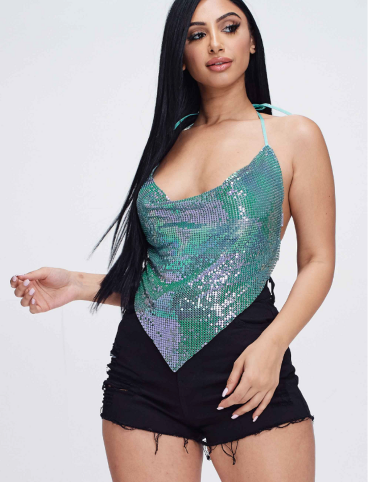 Holo Metallic Backless Cowl Halter