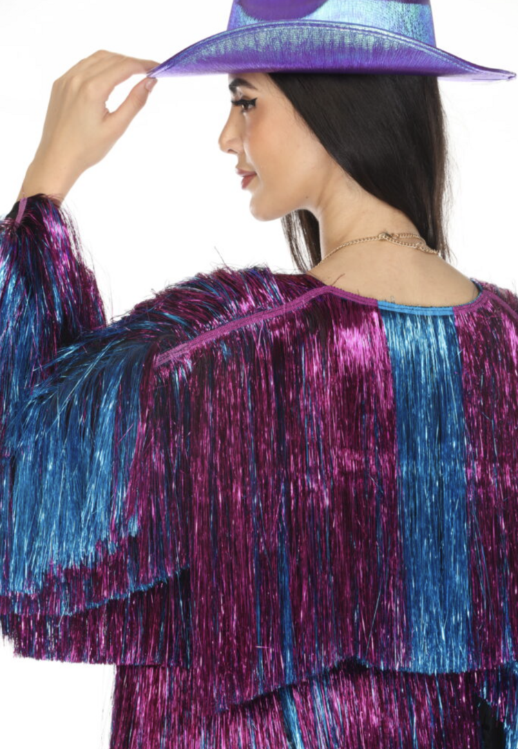 Cropped Tinsel Fringe Jacket Purple and Blue
