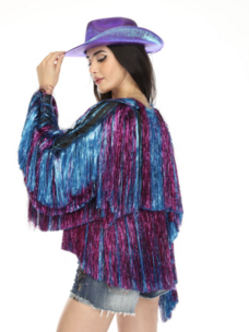 Cropped Tinsel Fringe Jacket Purple and Blue