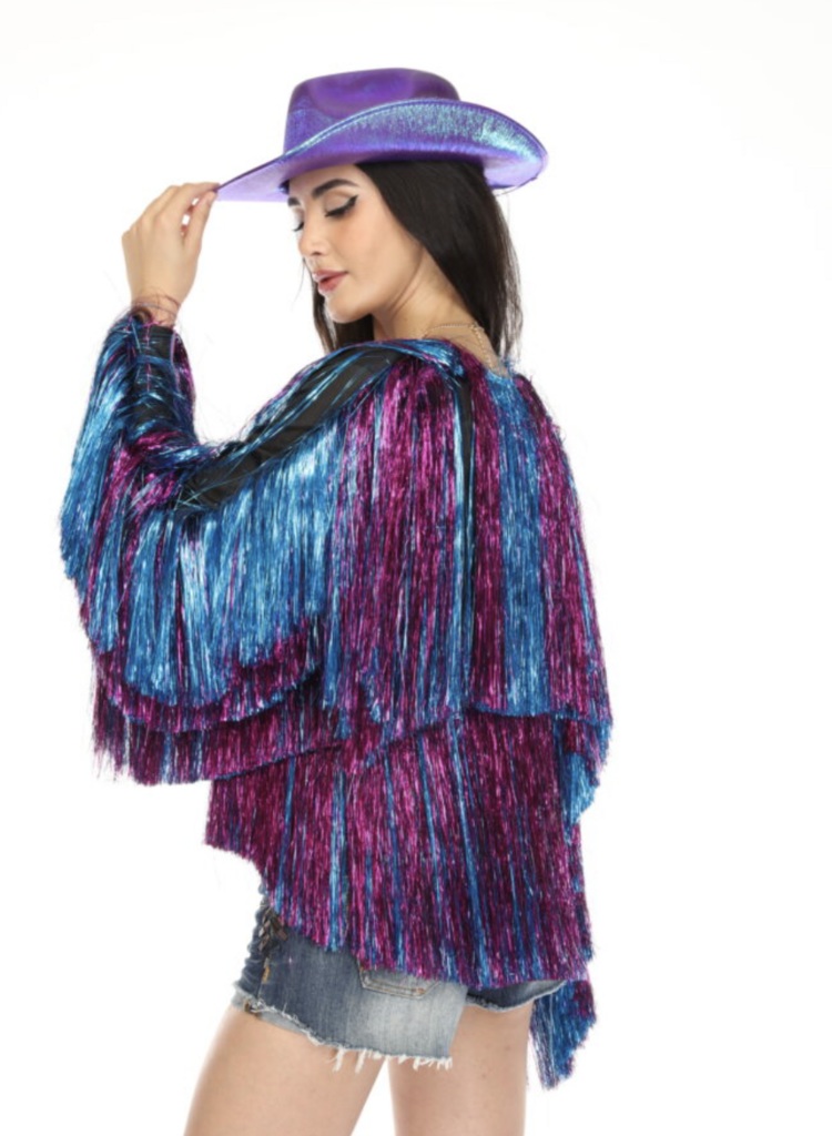 Cropped Tinsel Fringe Jacket Purple and Blue
