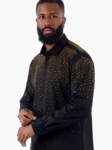 Men's Rhinestone Jewel Long Sleeve Shirt Black/Gold