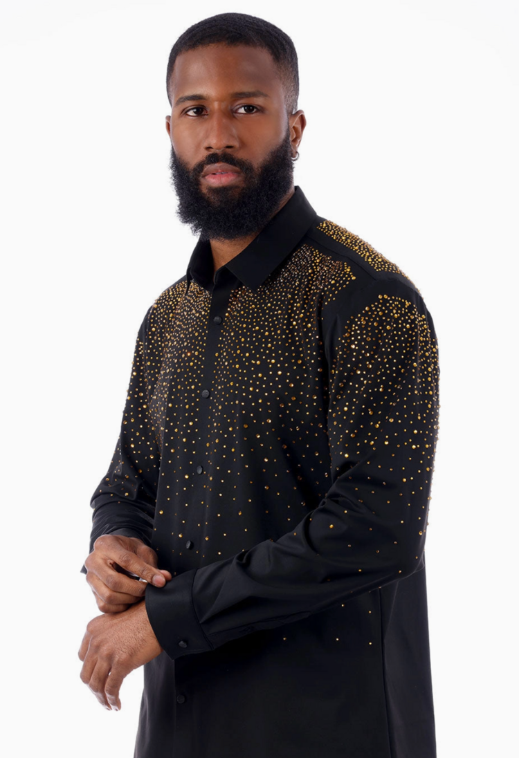 Men's Rhinestone Jewel Long Sleeve Shirt Black/Gold