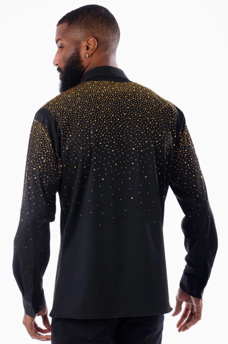 Men's Rhinestone Jewel Long Sleeve Shirt Black/Gold