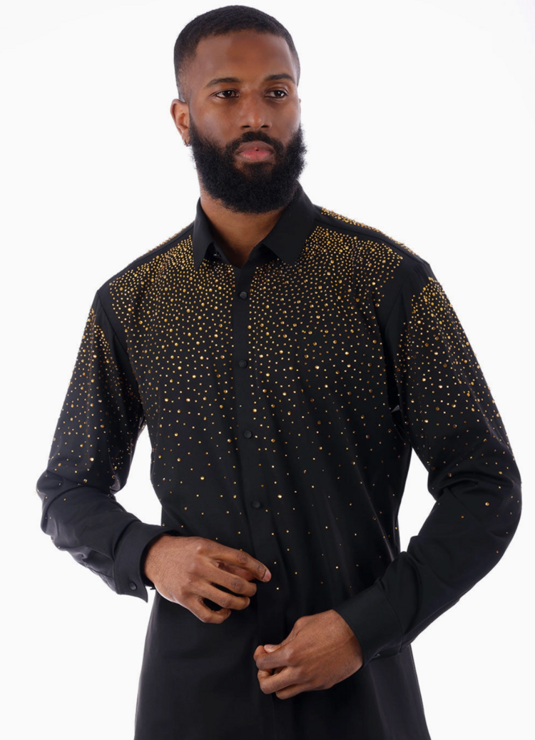 Men's Rhinestone Jewel Long Sleeve Shirt Black/Gold