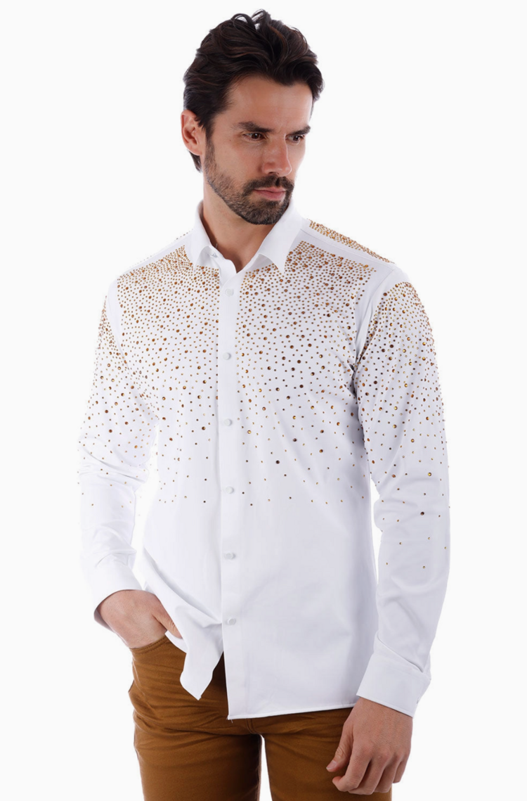 Men's Rhinestone Jewel Long Sleeve Shirt White/Gold