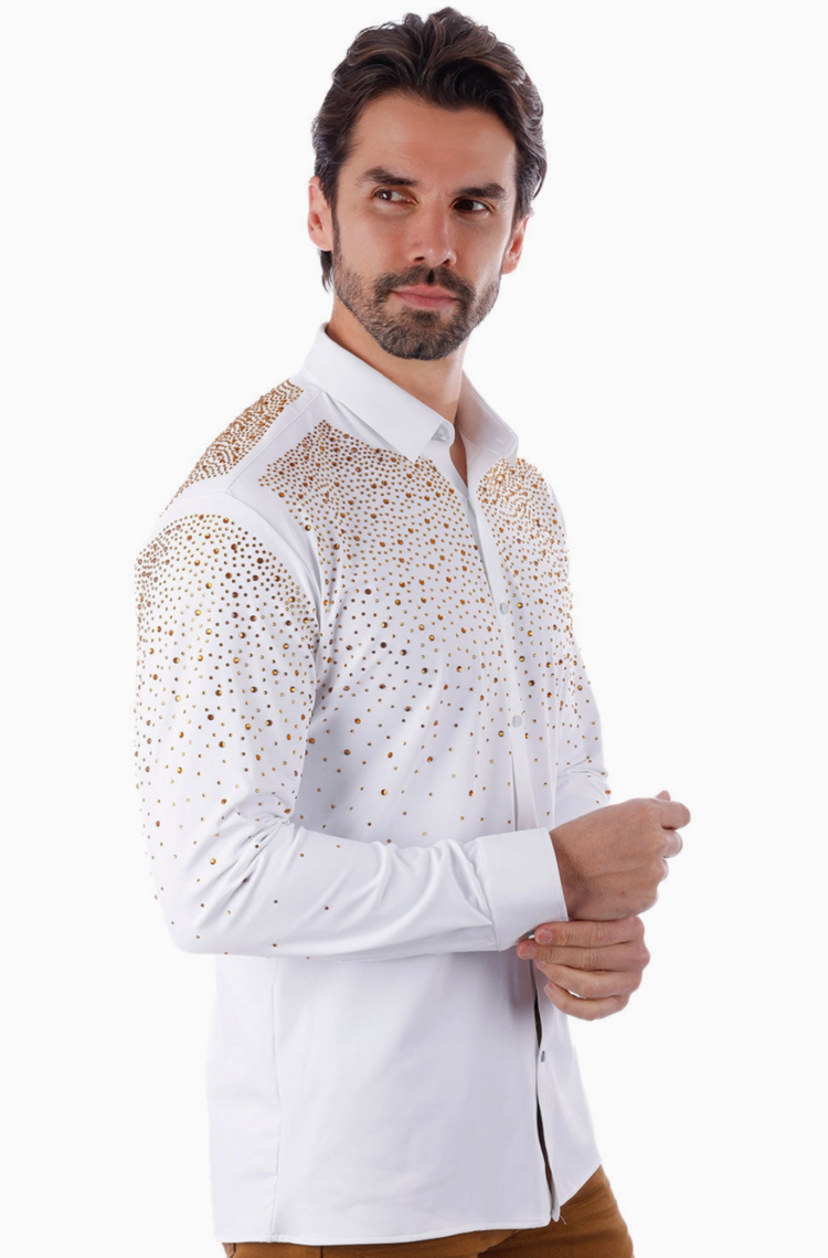 Men's Rhinestone Jewel Long Sleeve Shirt White/Gold