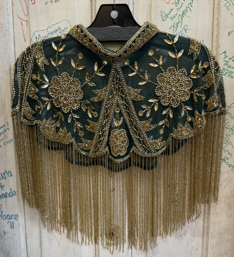Verdant Palace Beaded Fringe Cape Green and Gold