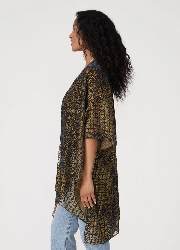 Metallic Gold Indigo Velvet Burnout Kimono
