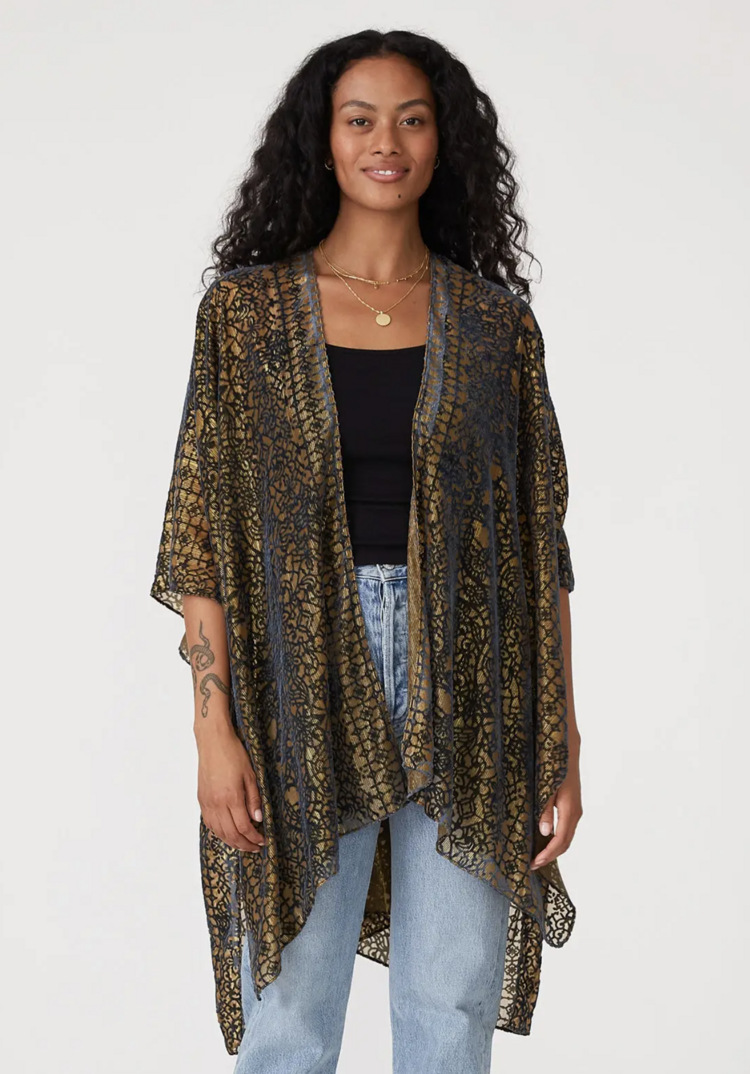 Metallic Gold Indigo Velvet Burnout Kimono