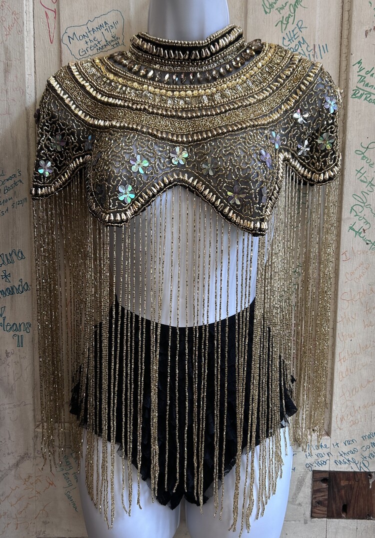 Antique Garden Beaded Fringe Cape Black and Gold