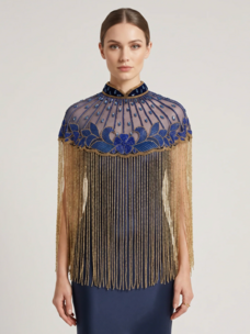 Azure Lotus Beaded Fringe Cape Blue and Gold