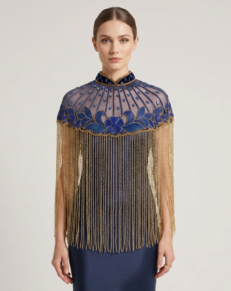 Azure Lotus Beaded Fringe Cape Blue and Gold