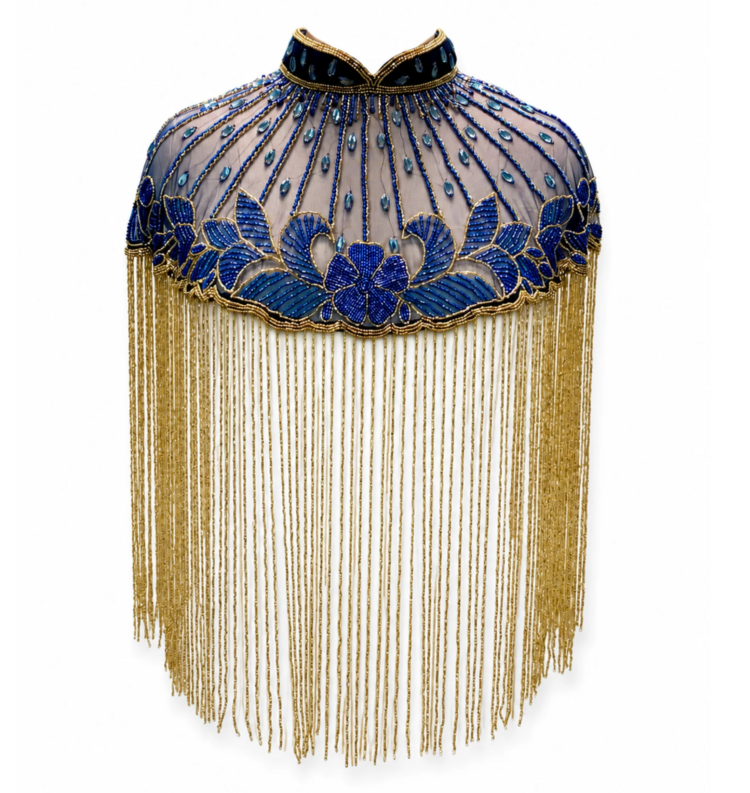 Azure Lotus Beaded Fringe Cape Blue and Gold