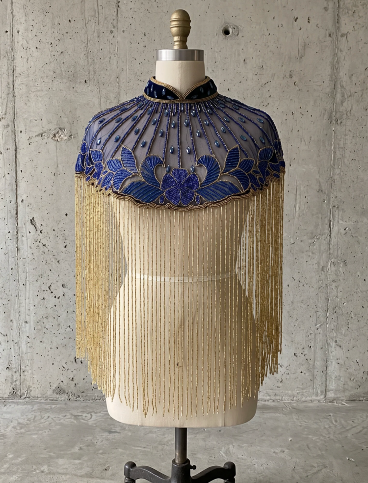 Azure Lotus Beaded Fringe Cape Blue and Gold