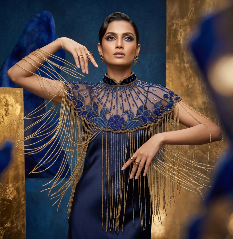 Azure Lotus Beaded Fringe Cape Blue and Gold