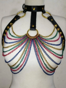 Faux Leather Metallic Rainbow Chain Harness