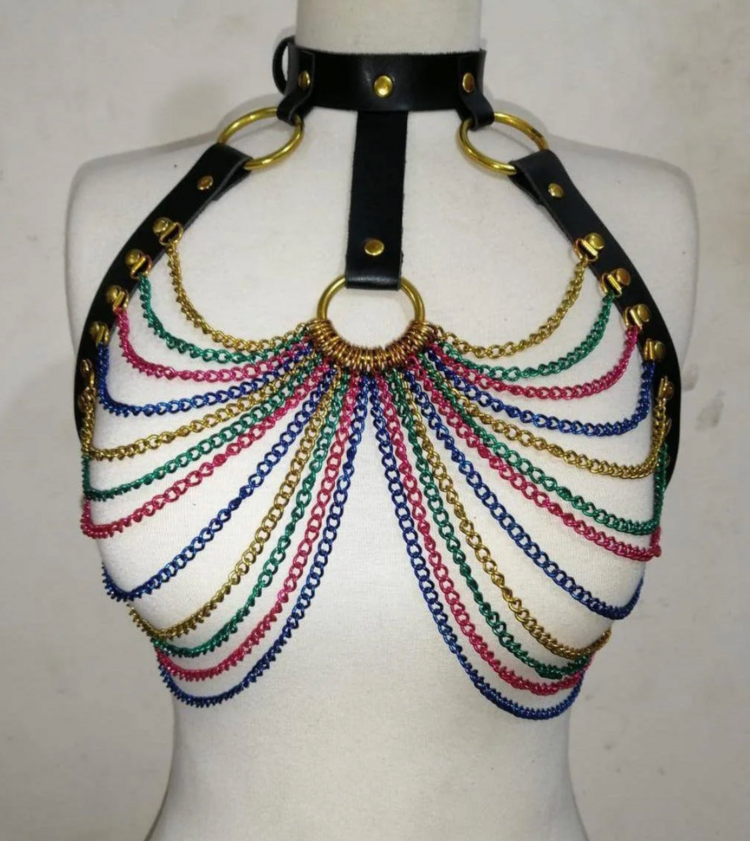 Faux Leather Metallic Rainbow Chain Harness