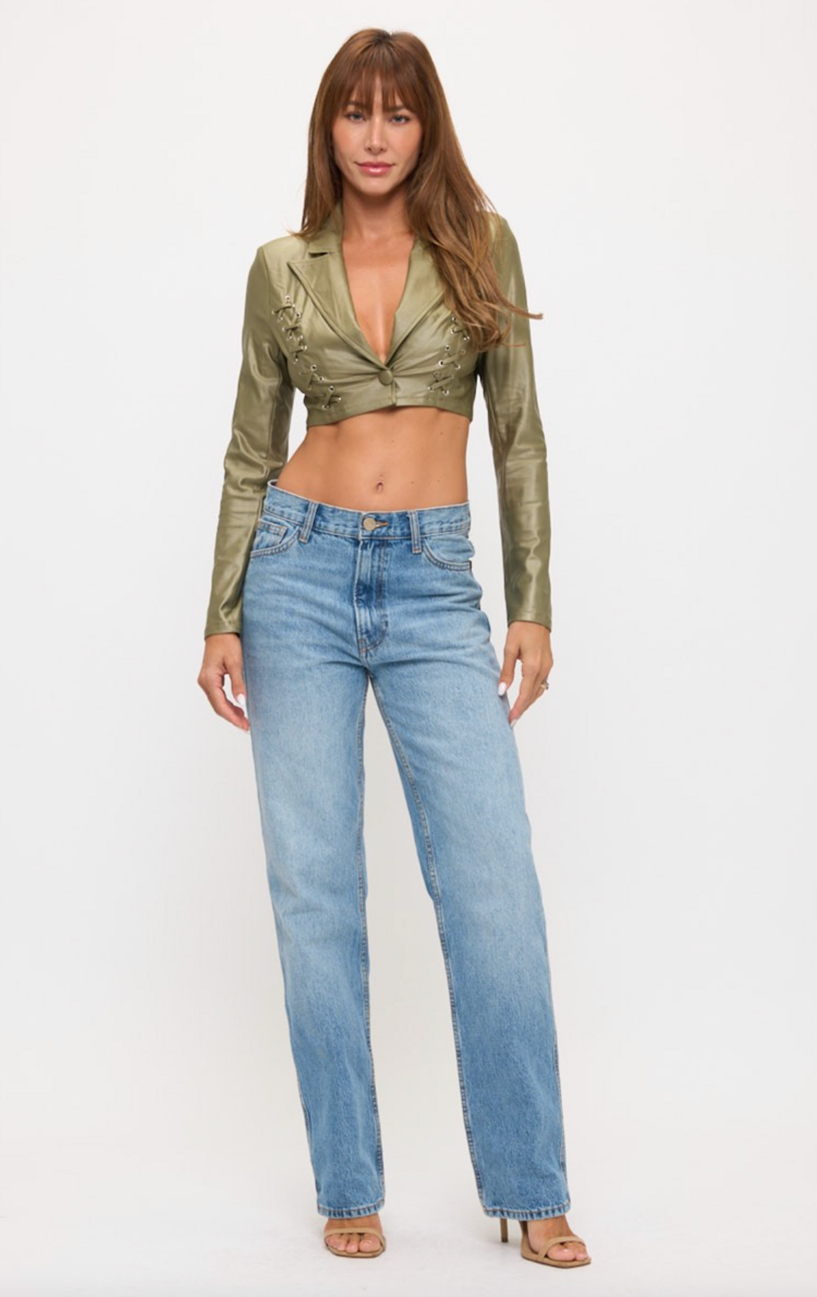 Lace Up Detail Collared Crop Jacket