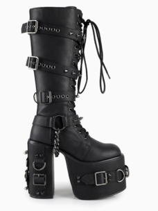Studded Buckle Platform Knee High Boots Black