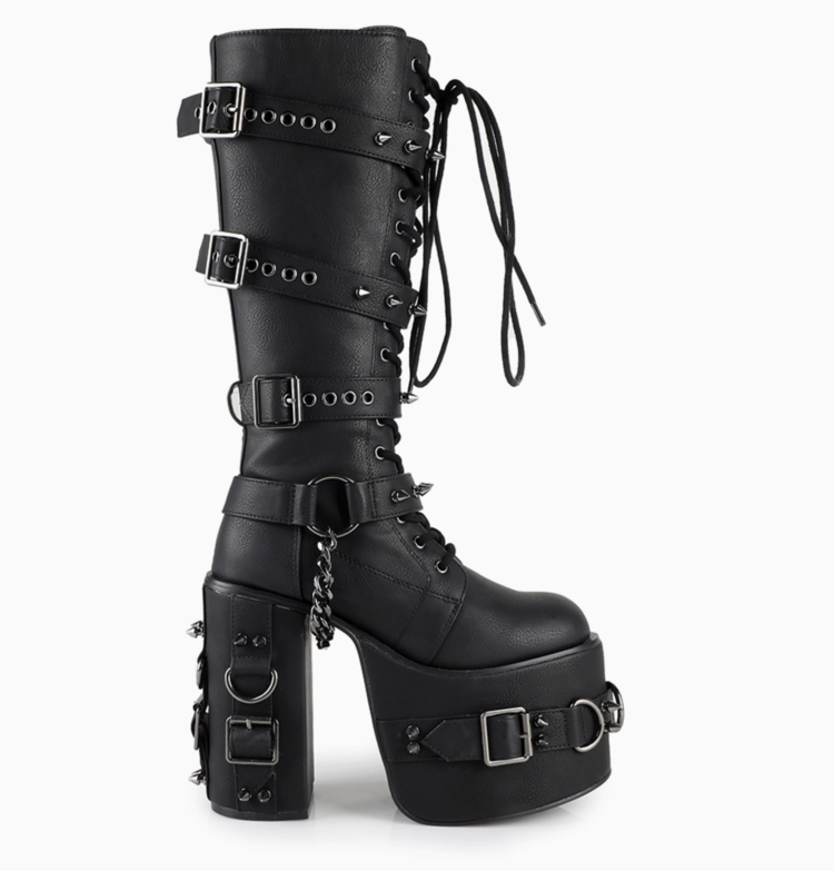 Studded Buckle Platform Knee High Boots Black
