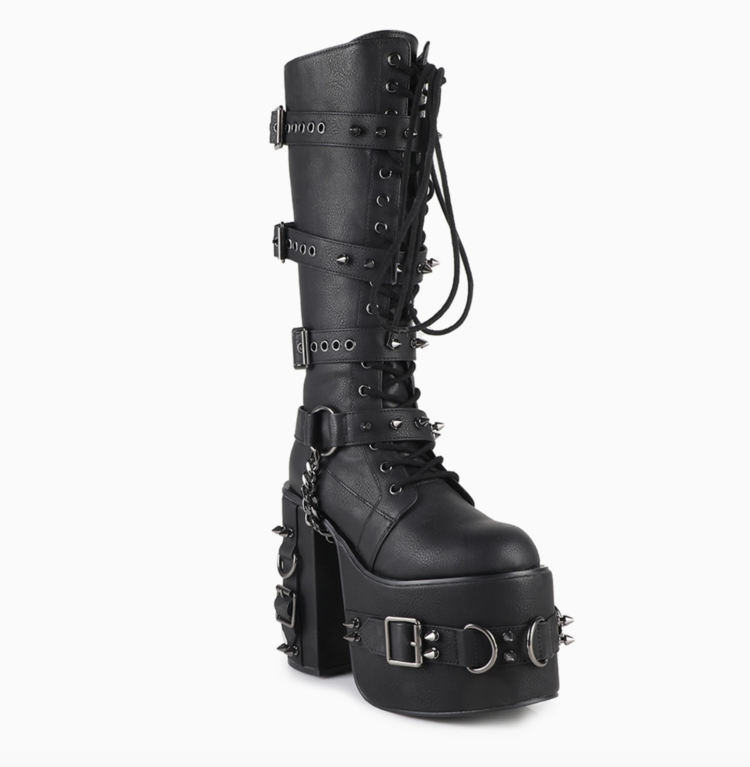 Studded Buckle Platform Knee High Boots Black