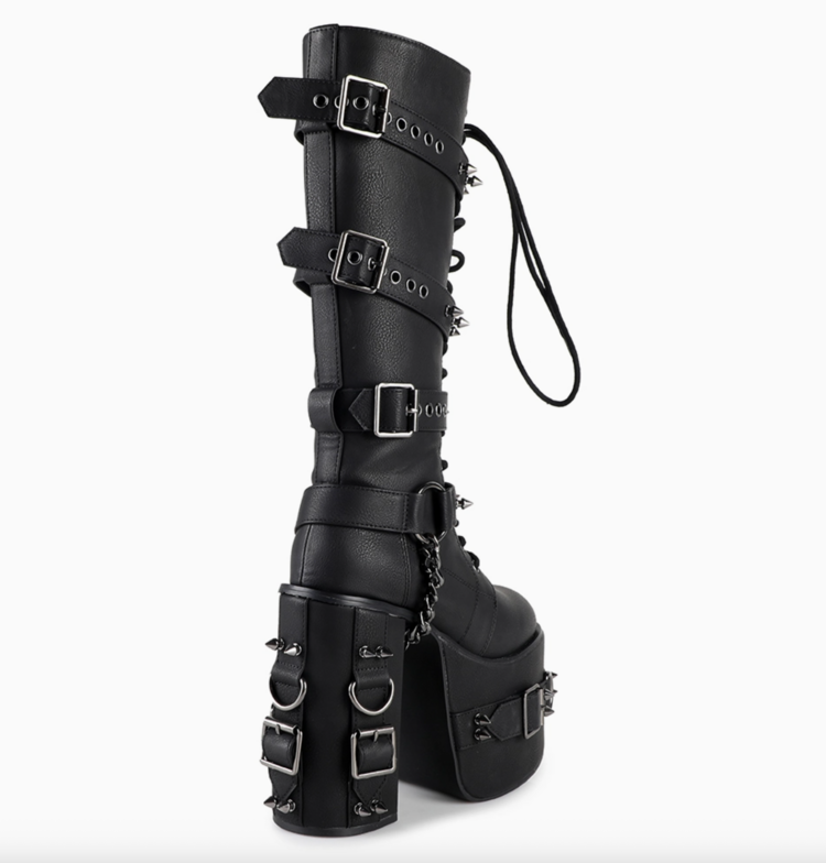 Studded Buckle Platform Knee High Boots Black