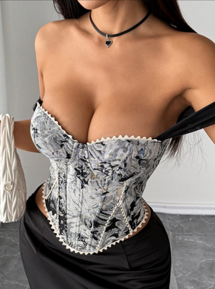 Off Shoulder Floral Jacquard Corset Top