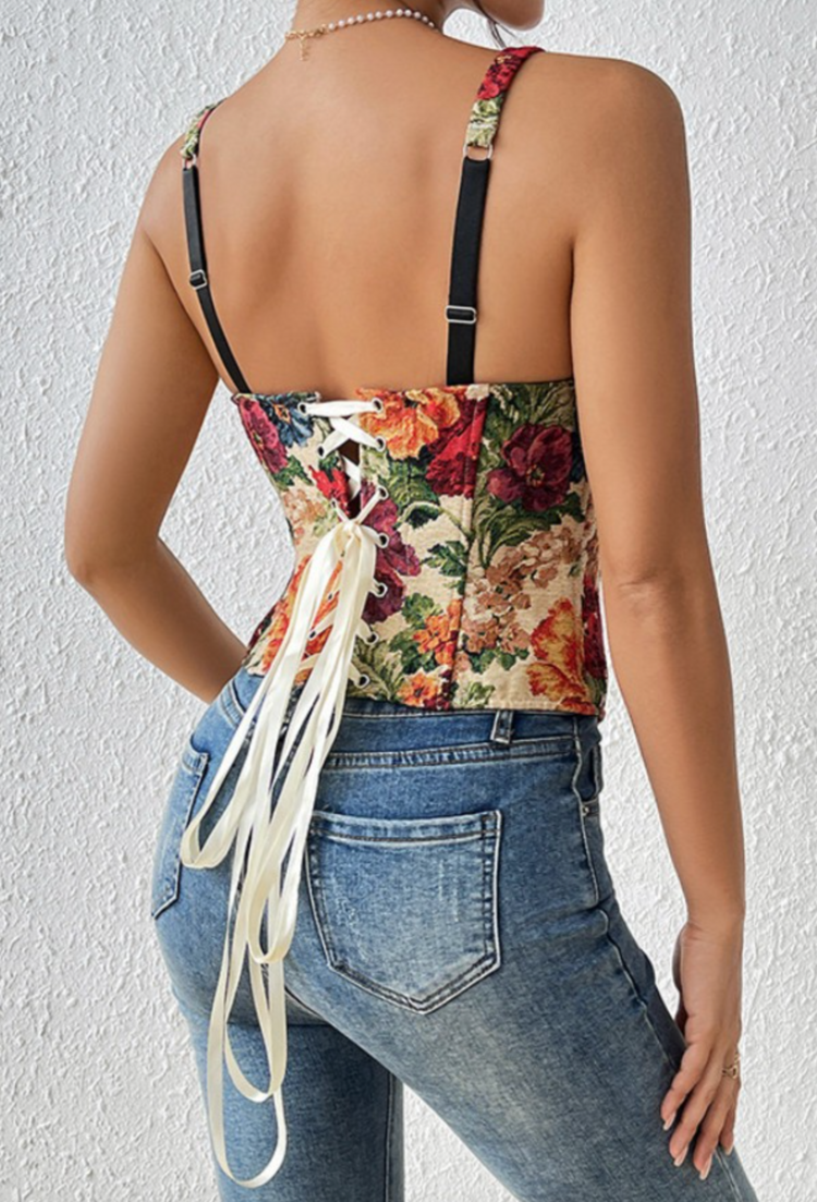 Amour Distingue Floral Strap Bustier Top Multicolor