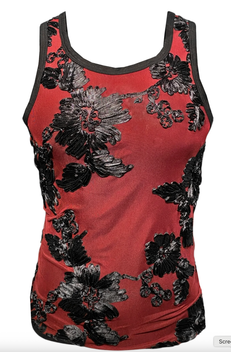 Embroidered Ribbon Mesh Tank Wine