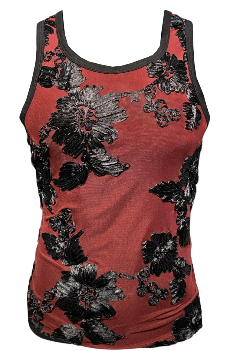 Embroidered Ribbon Mesh Tank Wine
