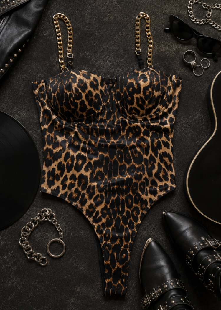 Leopard Print Bodysuit w/ Gold Chain Straps