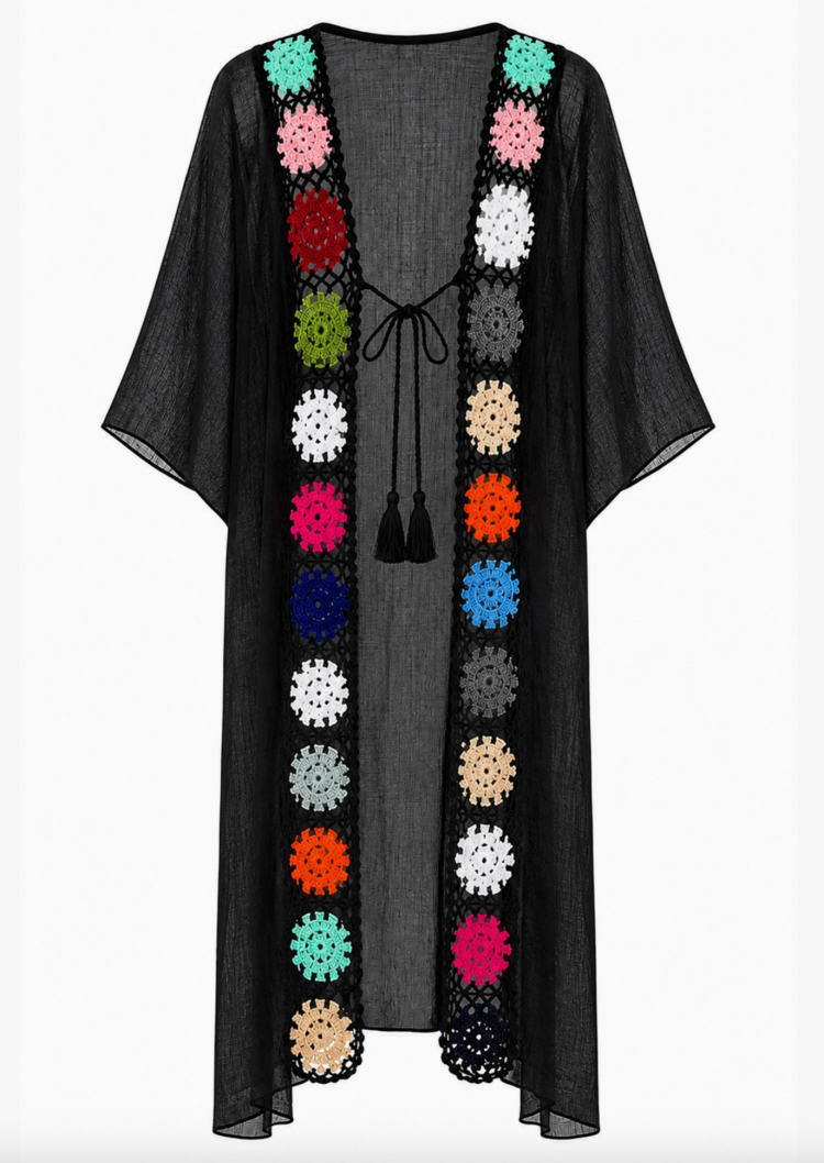 Floral Crochet Trim Duster Black