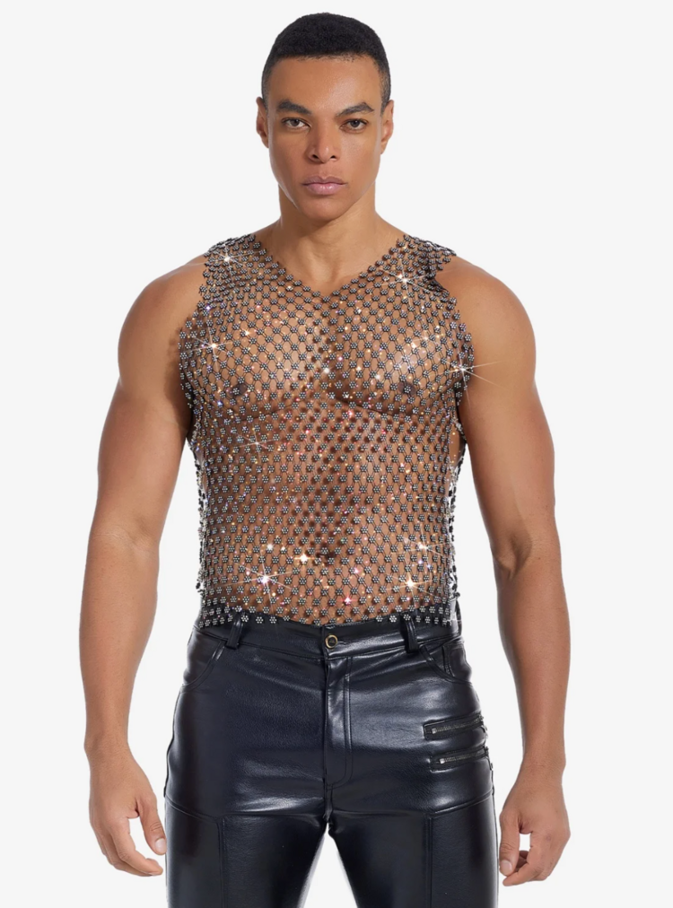 SAS Hong Kong Floral Rhinestone Mesh Tank w/ Chains