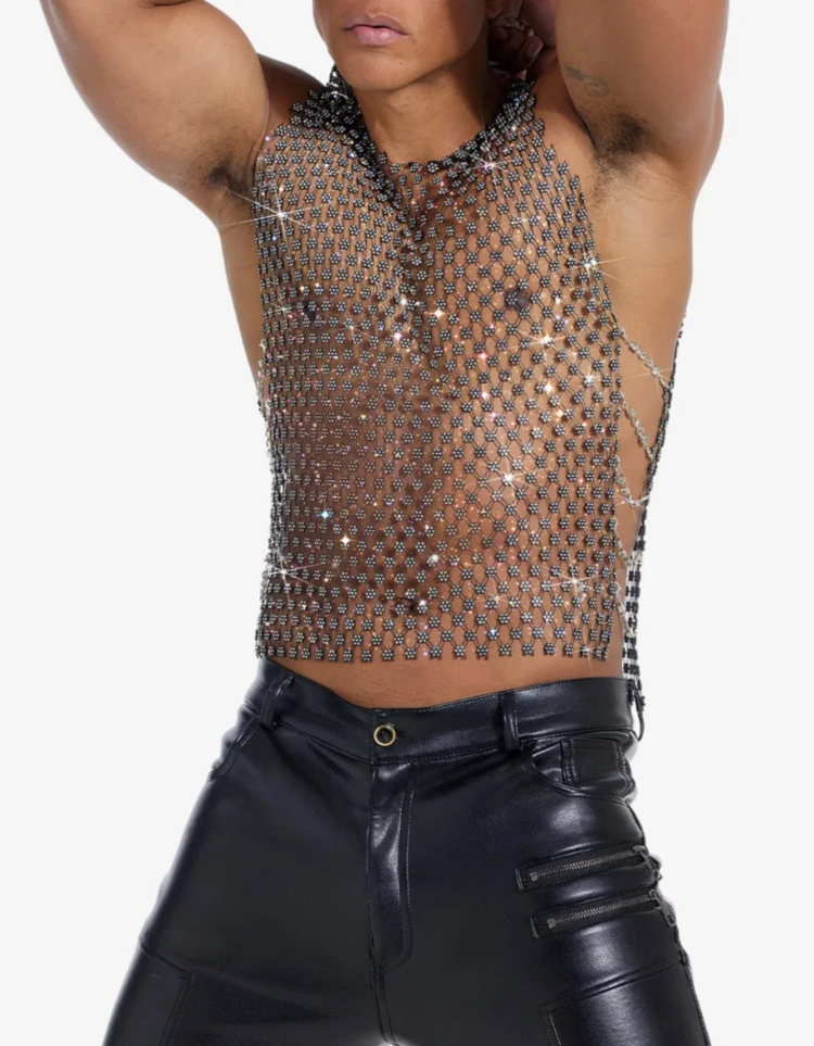 SAS Hong Kong Floral Rhinestone Mesh Tank w/ Chains