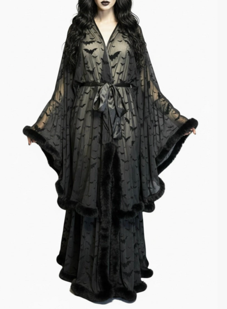 Draculina Feather Trim Bat Robe Black