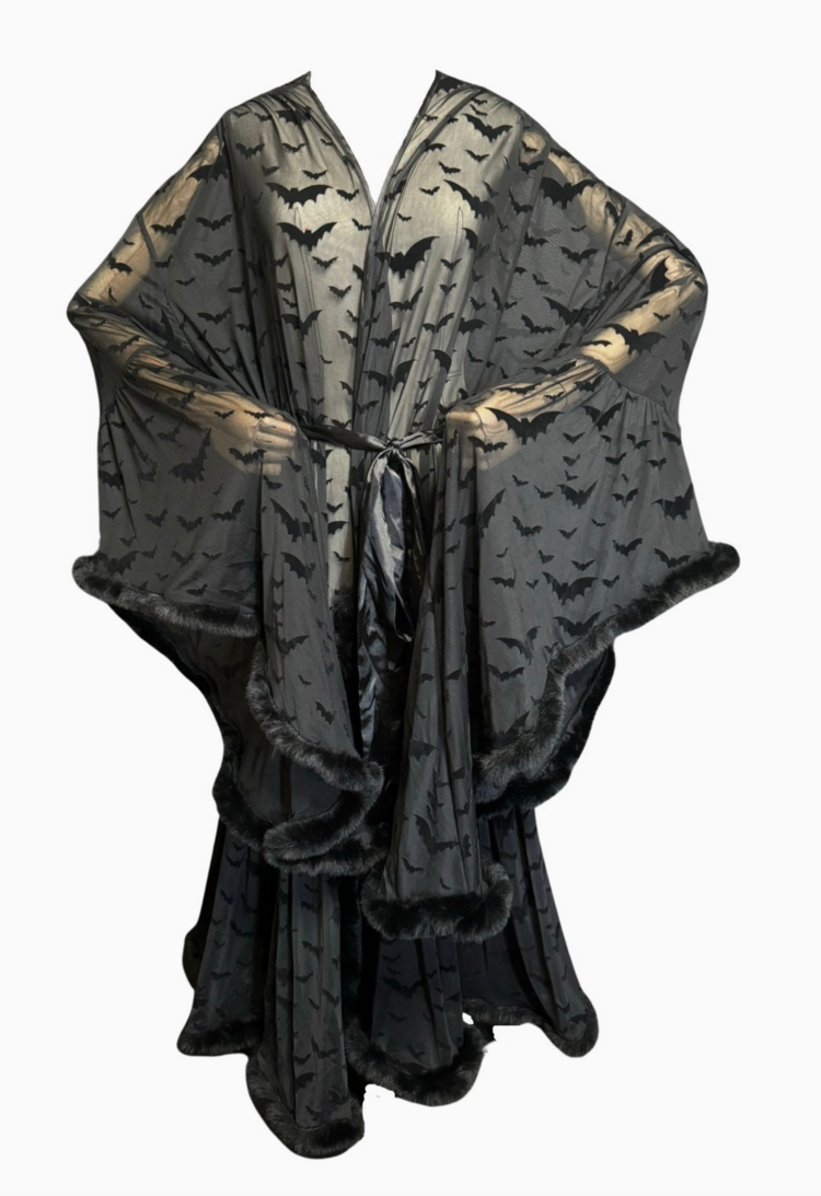 Draculina Feather Trim Bat Robe Black