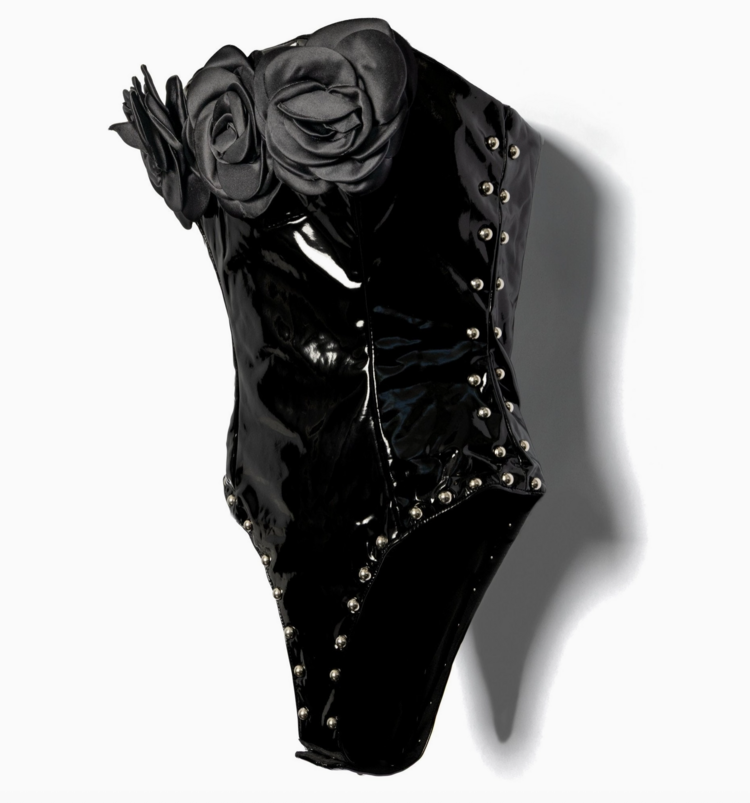 Floral Patent Leather Bodysuit Black