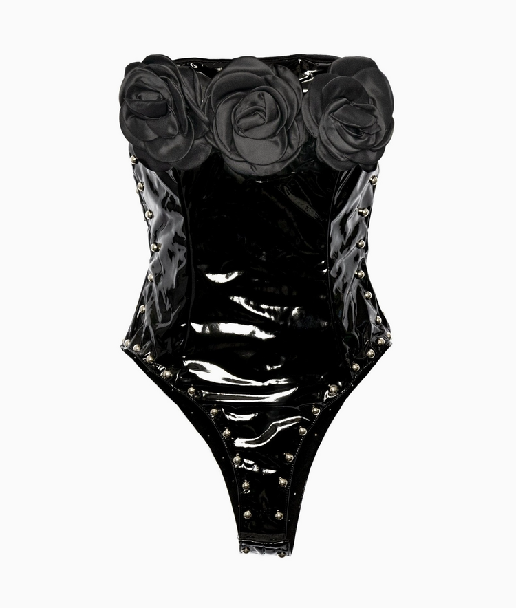 Floral Patent Leather Bodysuit Black