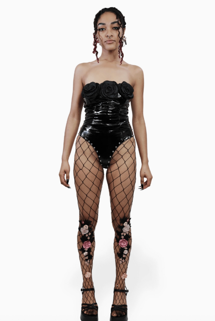 Floral Patent Leather Bodysuit Black