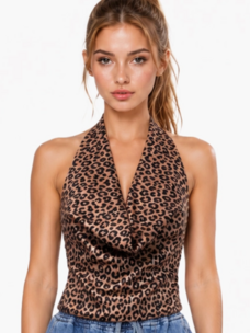Leopard Print Tie Back Cowl Halter Top