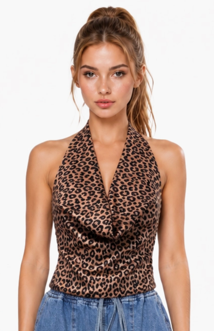 Leopard Print Tie Back Cowl Halter Top