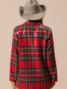 BiBi Brushed Plaid Sequin Blazer Red