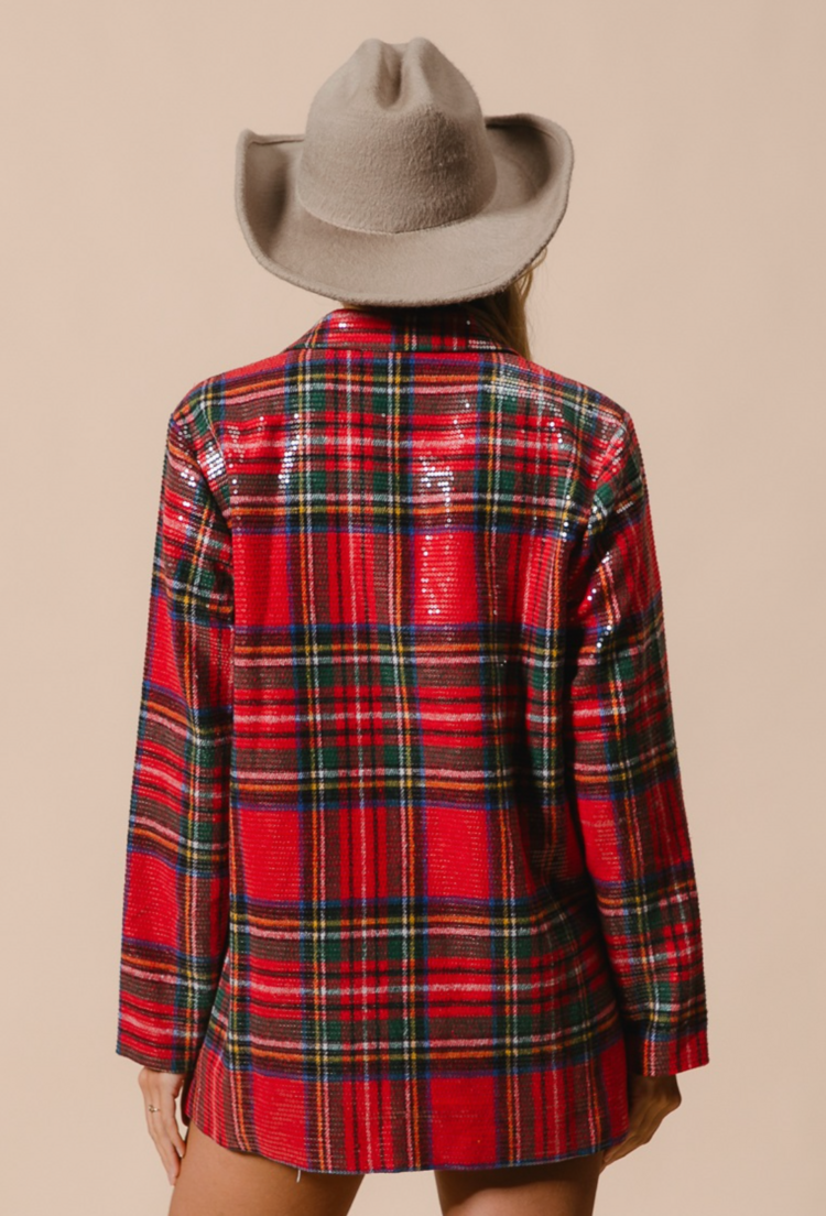 BiBi Brushed Plaid Sequin Blazer Red