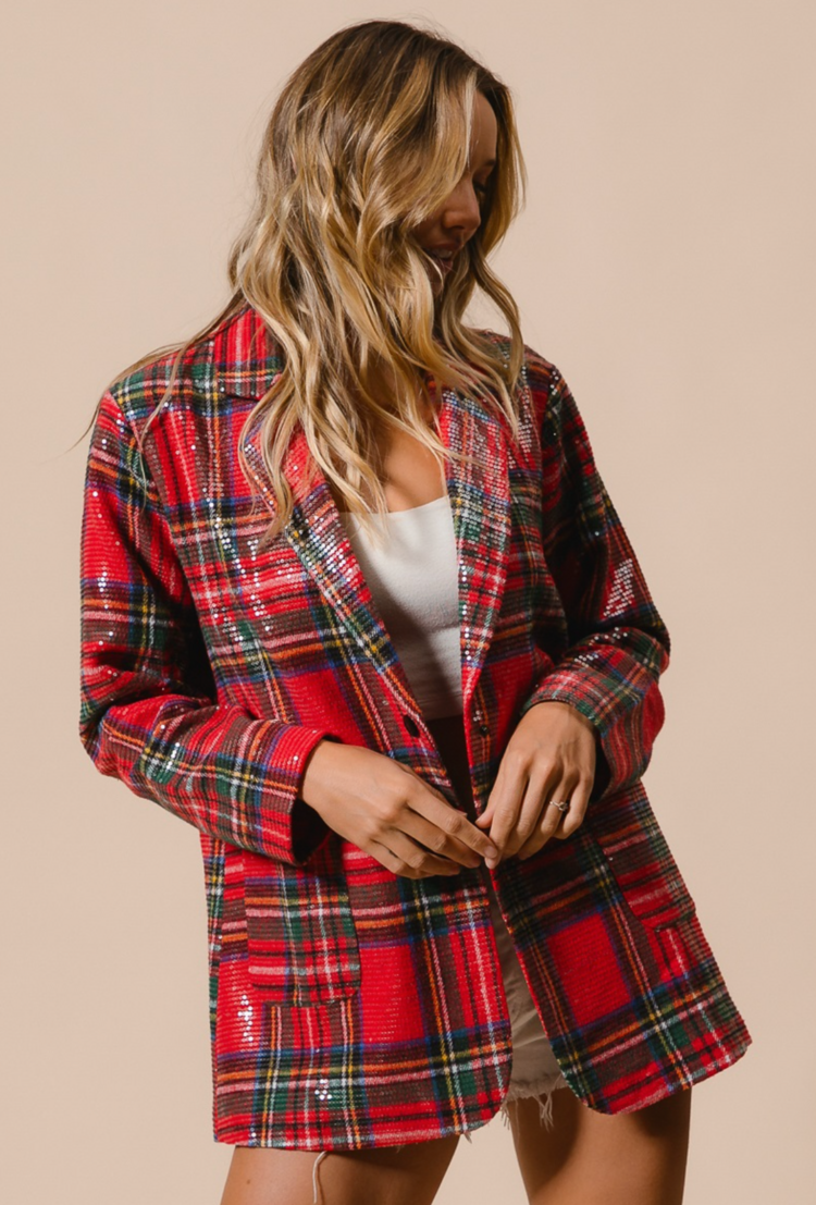 BiBi Brushed Plaid Sequin Blazer Red
