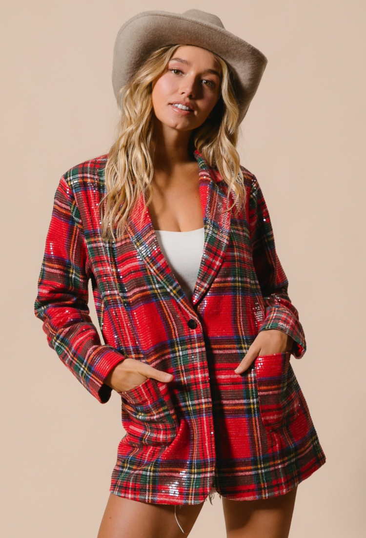 BiBi Brushed Plaid Sequin Blazer Red