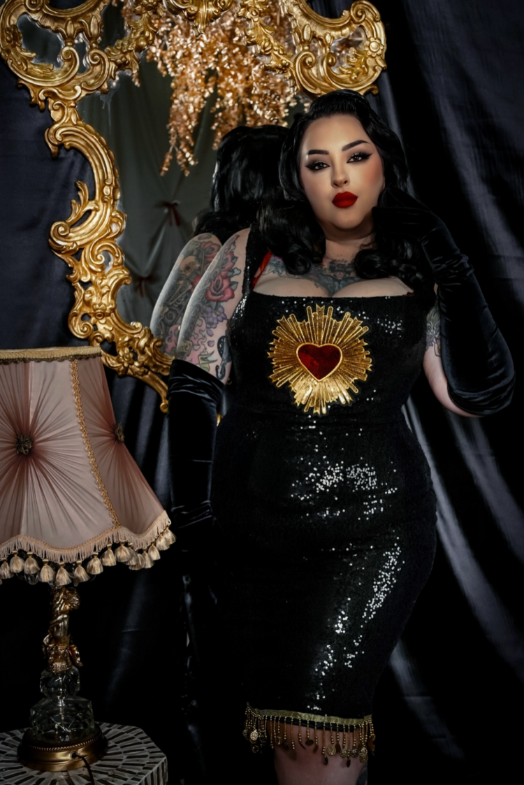 Weasel Wear Sequin Sacred Heart Wiggle Dress Black