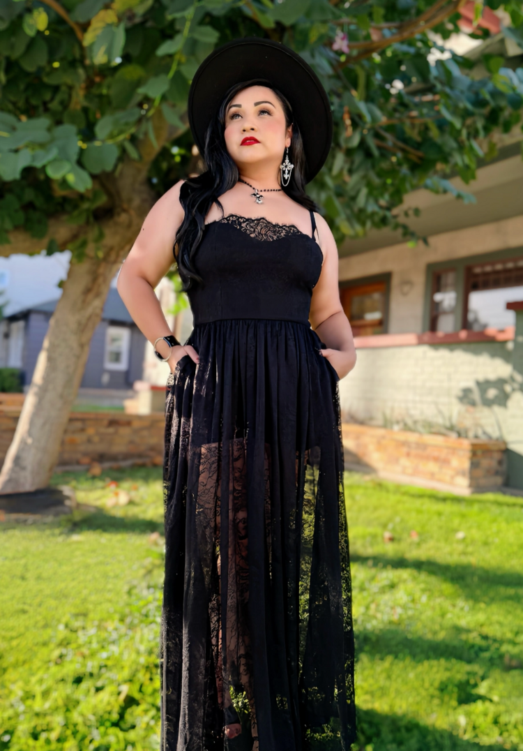 Weasel Wear Sorceress Lace Romper w/ Sheer Skirt Black