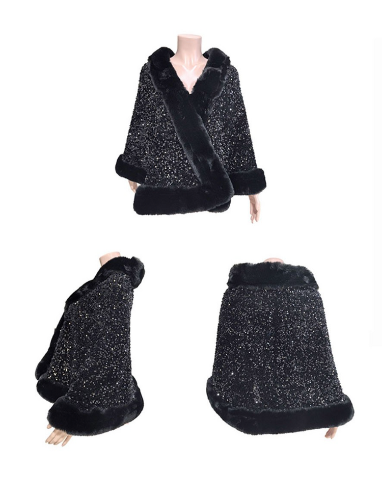 Faux Fur Trim Sequin Poncho