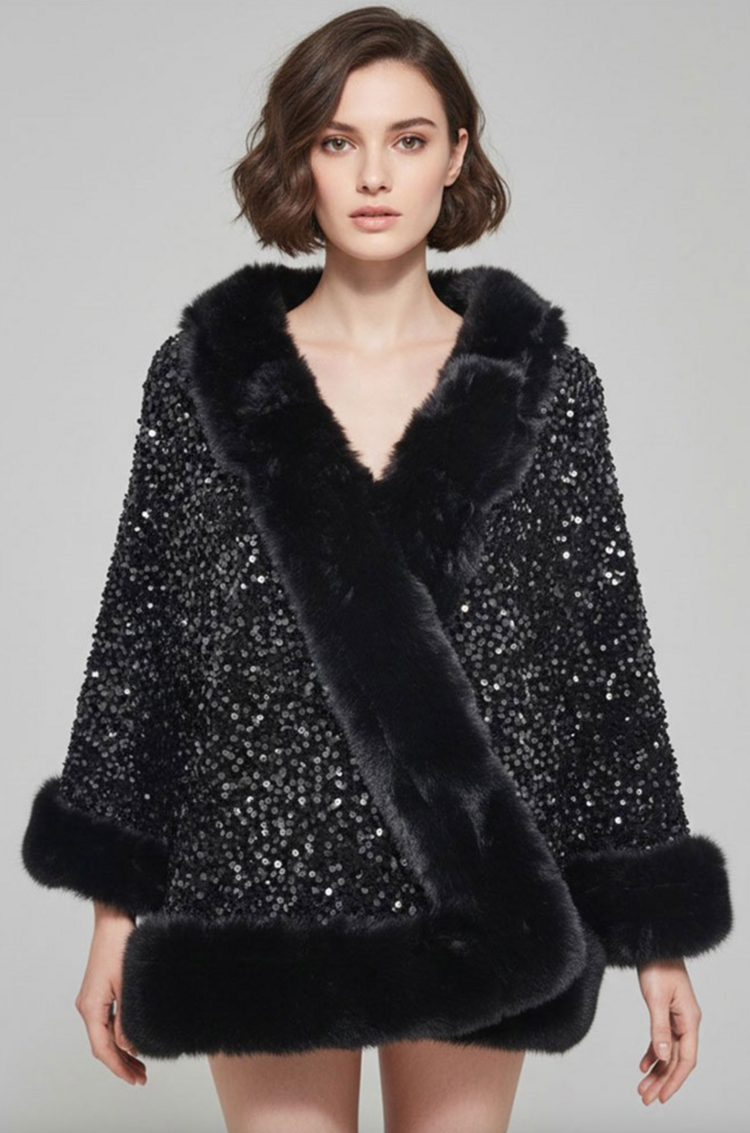 Faux Fur Trim Sequin Poncho