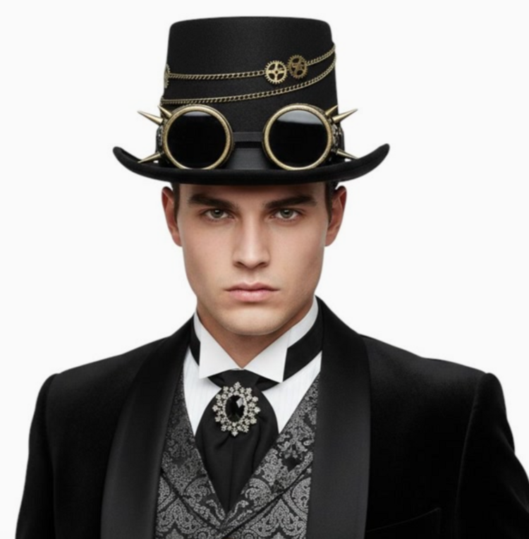 Black Steampunk Spiked Chain Goggles Top Hat